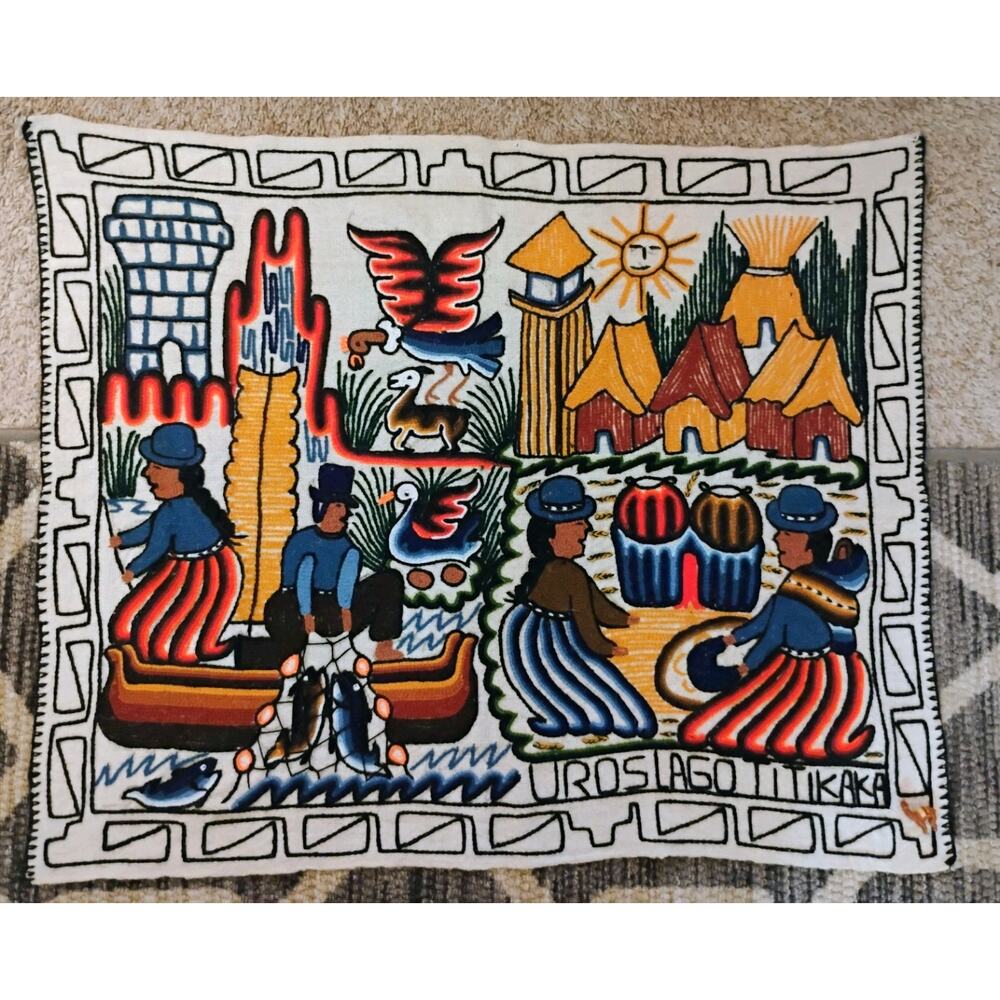Uros Lago Titikaka Hand Stitched Wall Hanging. Indigenous People Of Bolivia Peru